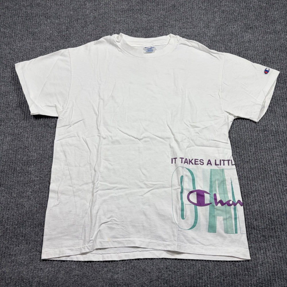 Vintage Champion T Shirt Mens Large White Graphic It Takes A Little More USA
